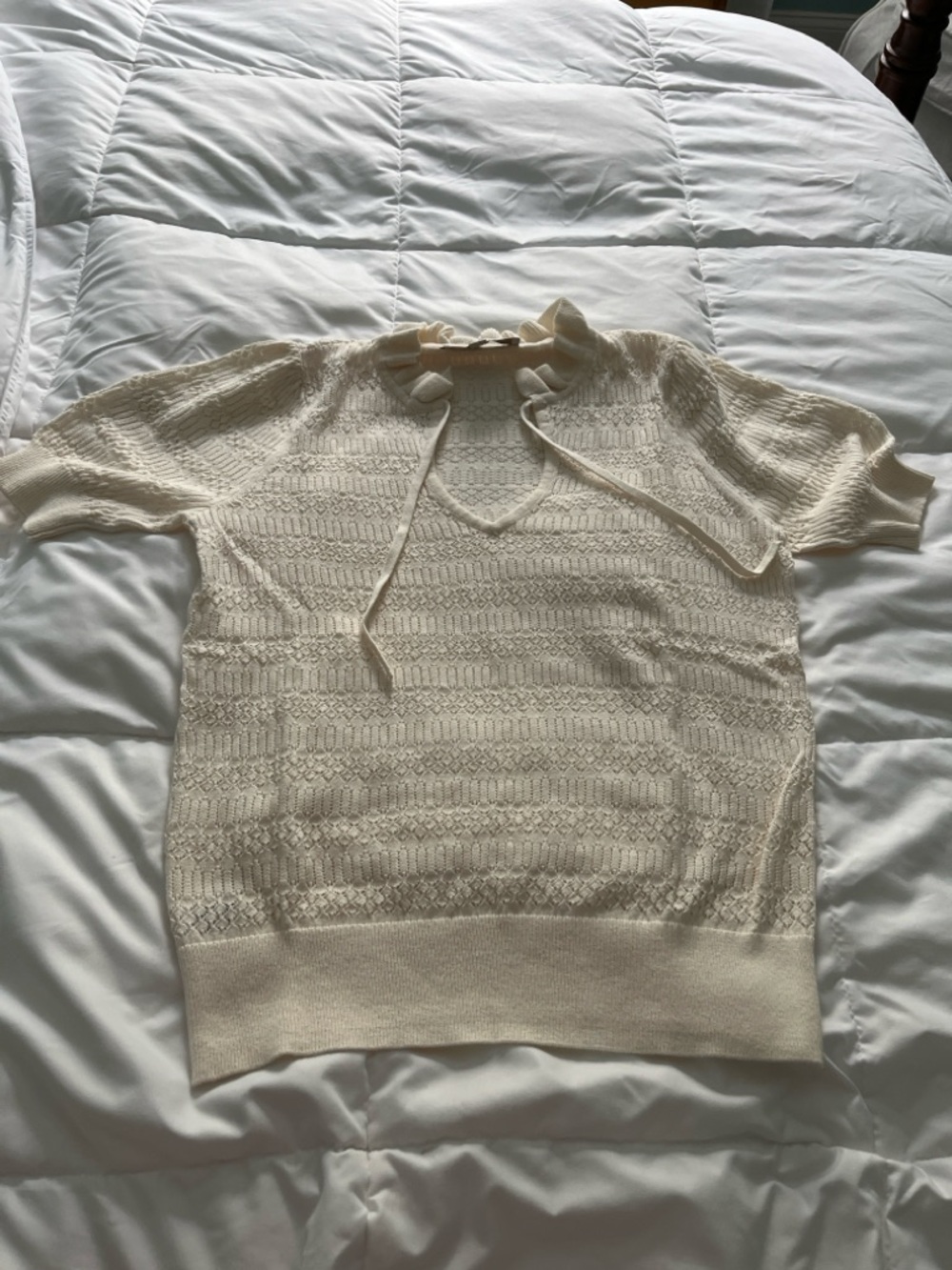 LOFT Cream Knit Short-Sleeve Crewneck Sweater with ruffle detail